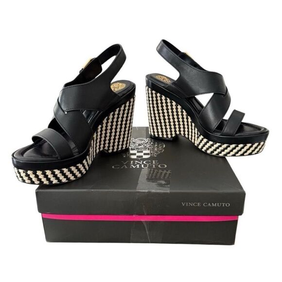Vince Camuto Diliah Black Tweed Checkered Wedge Platform Sandals Size 9 New - Picture 2 of 12